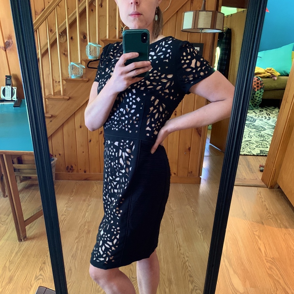 Maeve Anthropologie black and nude laser cut out dress